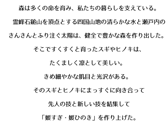 スギとヒノキにまっすぐに向き合って先人の技と新しい技を結集して「媛すぎ・媛ひのき」を作り上げた。 